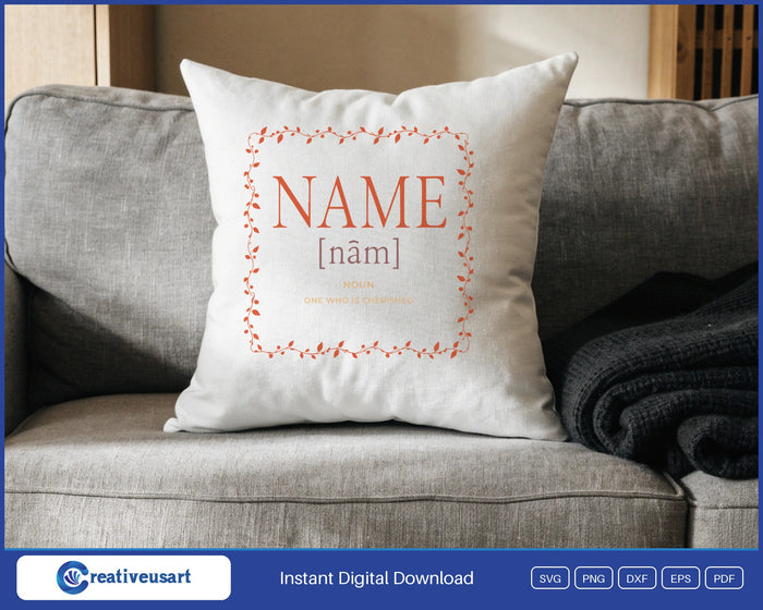 Name Meaning dictionary-entry card with a vine border SVG design on a white throw pillow
