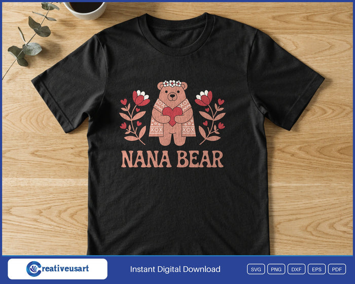 Nana Bear folk art design printed on a black t-shirt