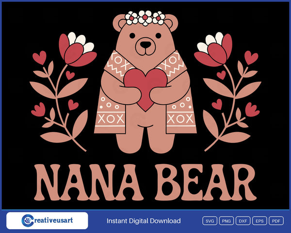 Nana Bear folk art SVG, a pink bear in a daisy crown hugging a red heart between red tulips