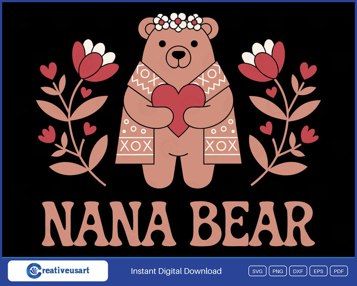 Nana Bear folk art SVG, a pink bear in a daisy crown hugging a red heart between red tulips