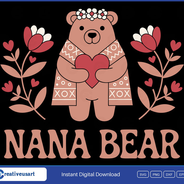 Nana Bear folk art SVG, a pink bear in a daisy crown hugging a red heart between red tulips