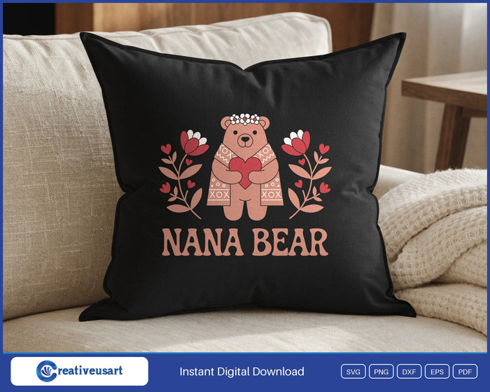 Nana Bear folk art design on a black throw pillow