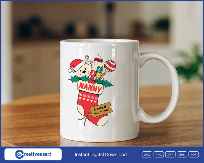 Nanny Christmas SVG design on a white coffee mug