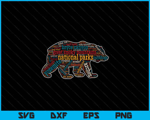 National Parks USA List Word Cloud Bear Camping Hiking SVG File