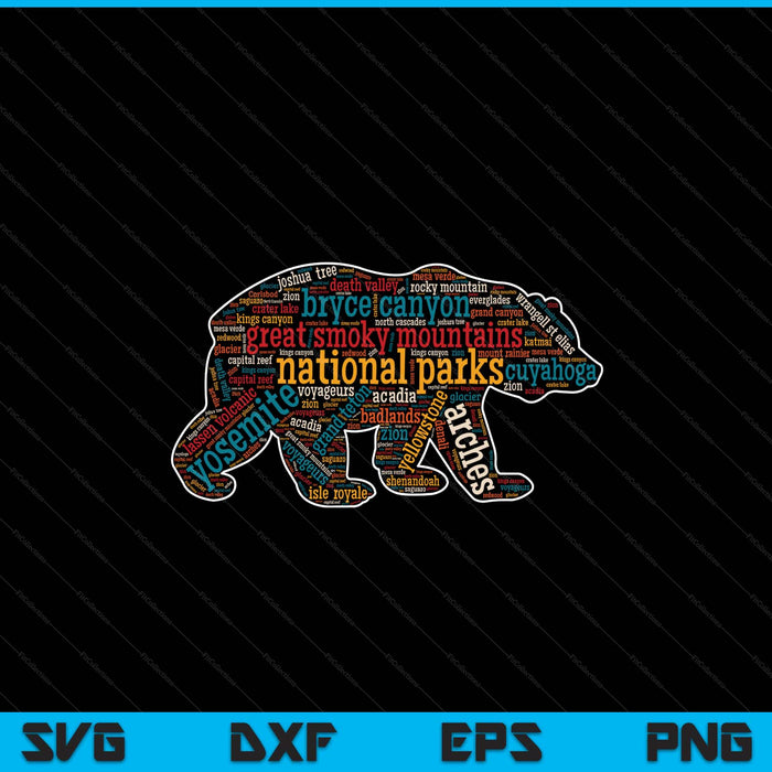National Parks USA List Word Cloud Bear Camping Hiking SVG File
