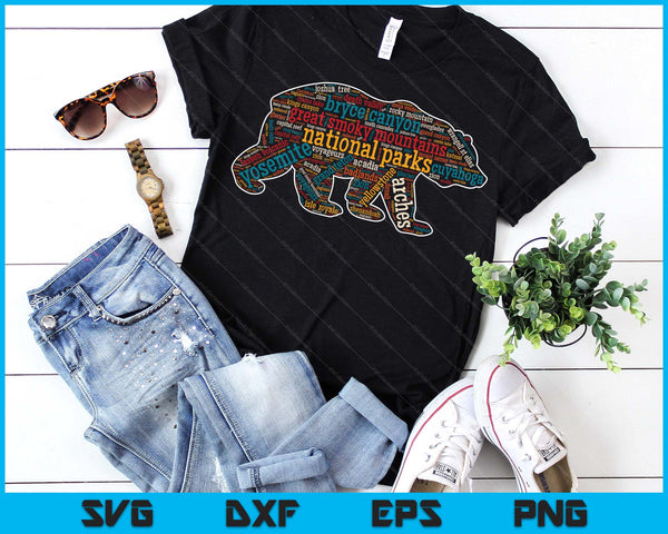 National Parks USA List Word Cloud Bear Camping Hiking SVG File