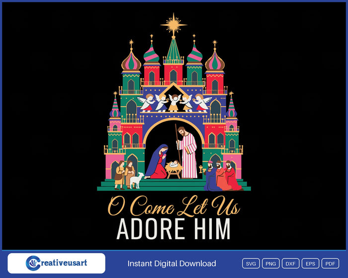 O Come Let Us Adore Him Polish szopka nativity SVG, onion-domed towers with angels, the Holy Family, shepherds and three kings
