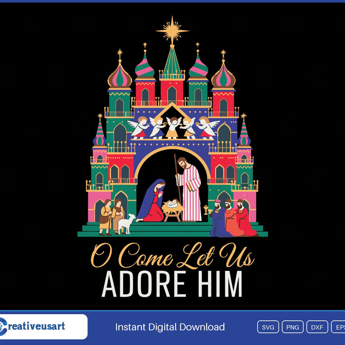 O Come Let Us Adore Him Polish szopka nativity SVG, onion-domed towers with angels, the Holy Family, shepherds and three kings