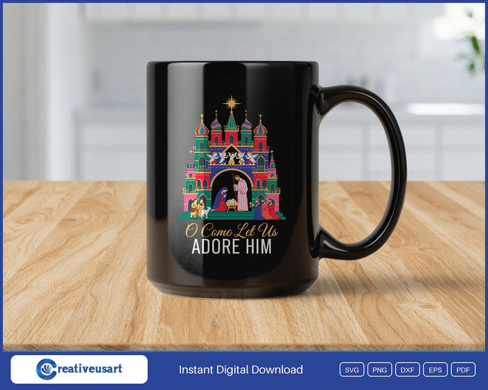 O Come Let Us Adore Him Polish szopka nativity design on a black coffee mug