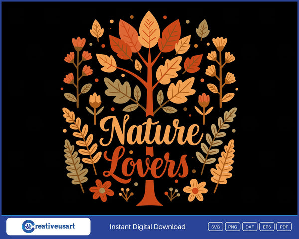 Nature Lovers SVG design with an autumn tree, ferns and wildflowers on black background