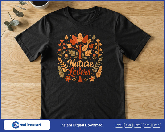Nature Lovers autumn tree SVG printed on a black t-shirt