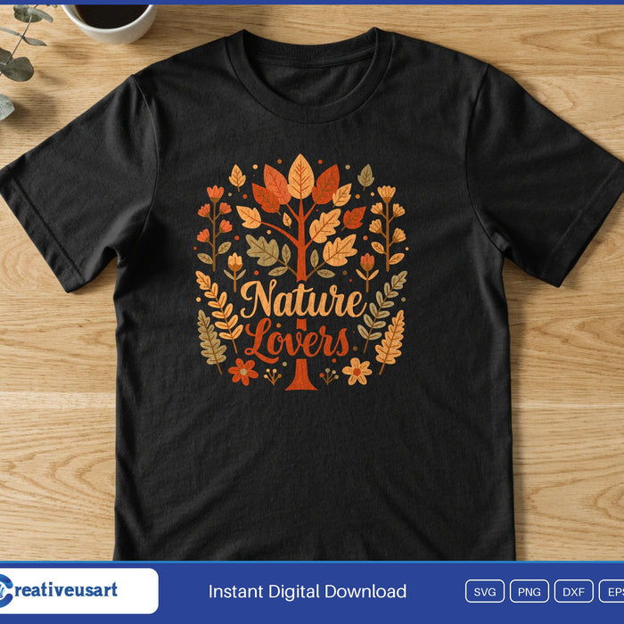 A tree made of autumn leaves framing the words Nature Lovers, on a black t-shirt