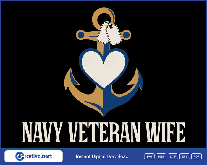 Navy Veteran Wife with an anchor, a heart and dog tags SVG design on a black background