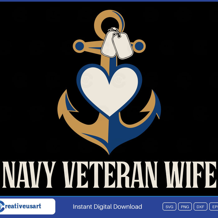 Navy Veteran Wife Anchor Heart Dog Tags SVG - Navy Veteran Wife , a gold and navy anchor with a cream heart and dog tags