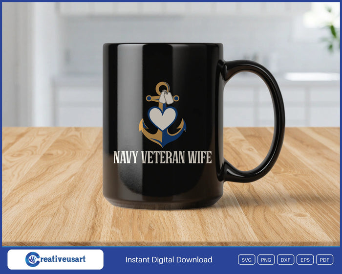 Navy Veteran Wife with an anchor, a heart and dog tags SVG design on a black coffee mug