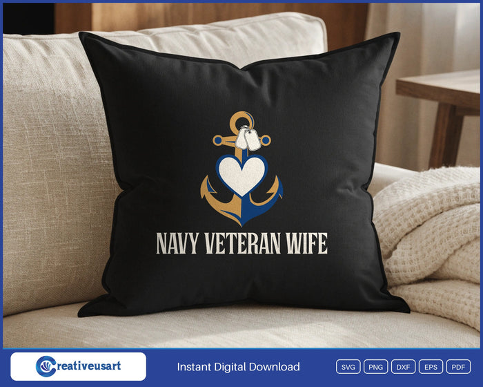 Navy Veteran Wife with an anchor, a heart and dog tags SVG design on a black throw pillow