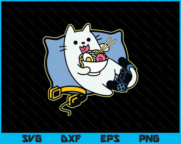 Nerdy Ramen Eating Gamer Cat Game Paused SVG PNG Digital Printable Files