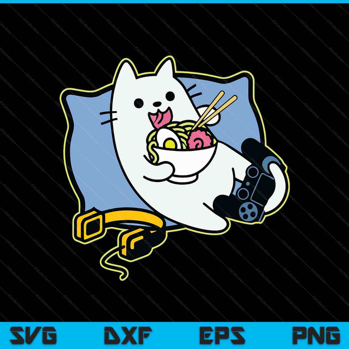 Nerdy Ramen Eating Gamer Cat Game Paused SVG PNG Digital Printable Files