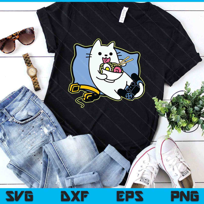 Nerdy Ramen Eating Gamer Cat Game Paused SVG PNG Digital Printable Files