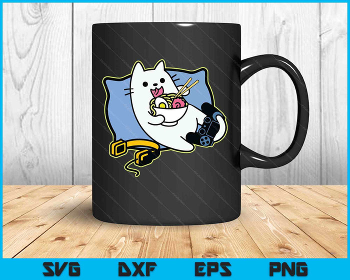Nerdy Ramen Eating Gamer Cat Game Paused SVG PNG Digital Printable Files