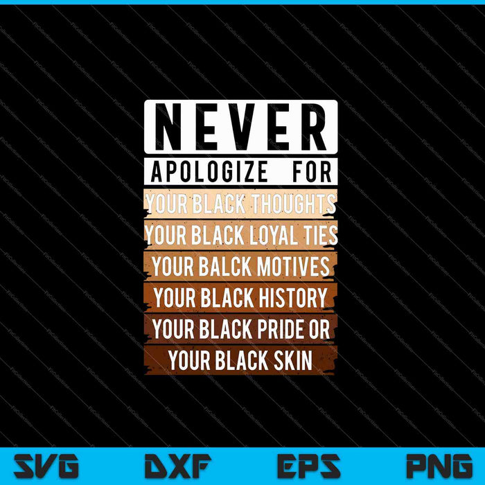 Nunca te disculpes por el Mes de la Historia Negra BLM Melanin SVG PNG Cortando archivos imprimibles