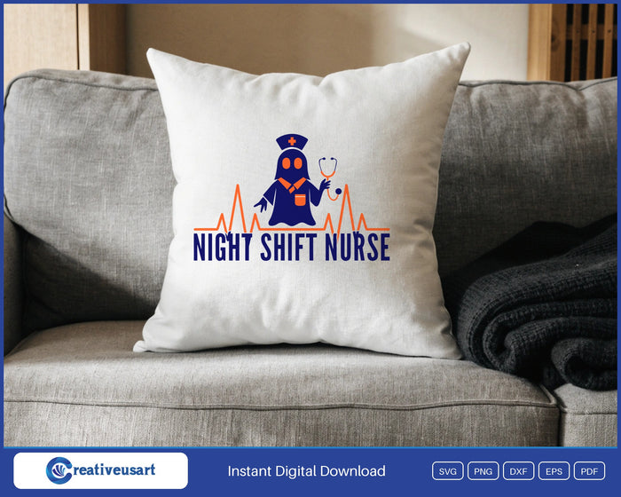 Night Shift Nurse ghost SVG design on a throw pillow