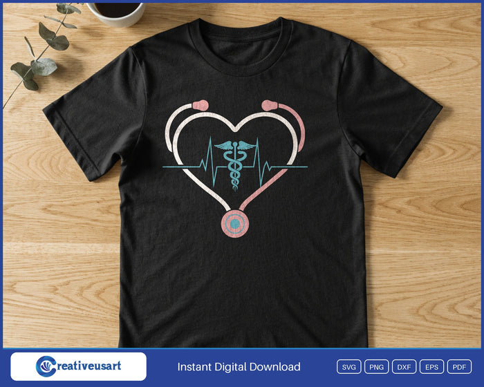 Nurse Stethoscope Heart with a caduceus at its center SVG printed on a white t-shirt