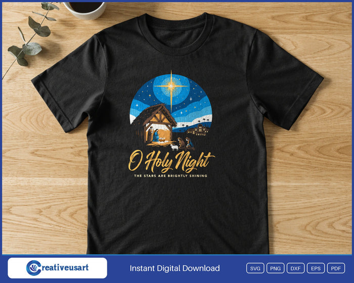 O Holy Night vintage screen print nativity design printed on a black t-shirt