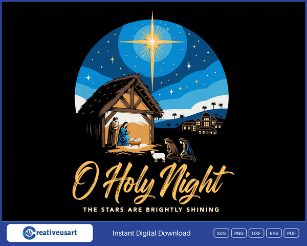 O Holy Night vintage screen print nativity SVG, star of Bethlehem in glowing rings over a thatched stable with shepherds and palm trees