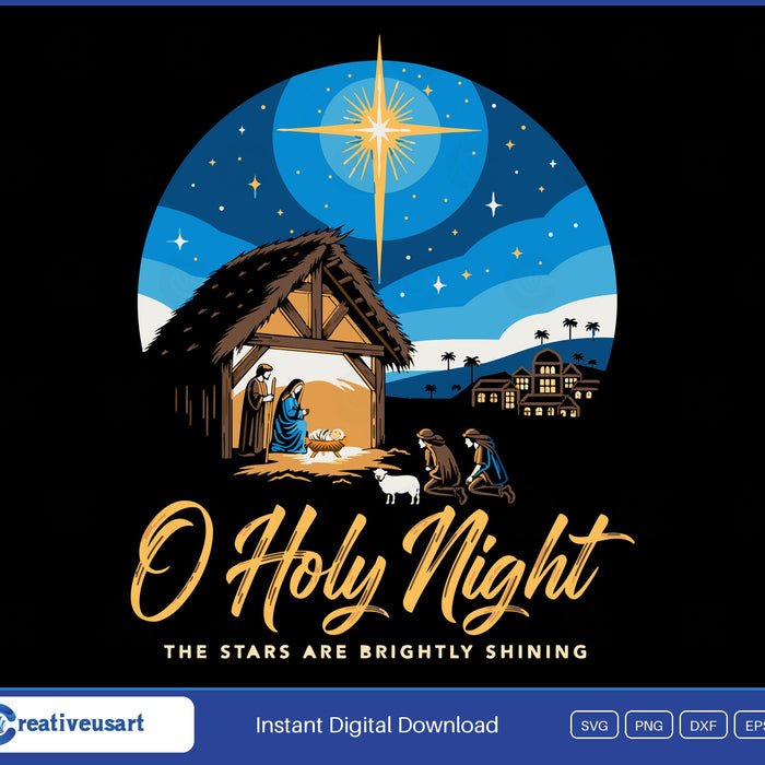 O Holy Night vintage screen print nativity SVG, star of Bethlehem in glowing rings over a thatched stable with shepherds and palm trees