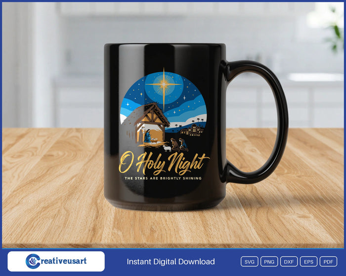 O Holy Night vintage screen print nativity design on a black coffee mug