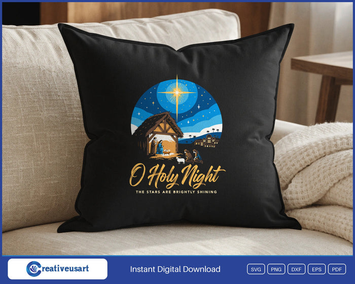 O Holy Night vintage screen print nativity design on a black throw pillow