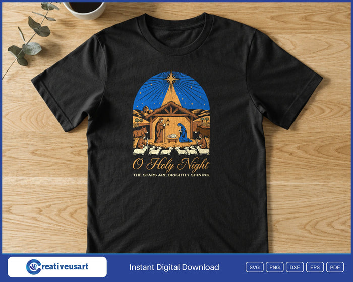O Holy Night woodcut nativity scene design printed on a black t-shirt