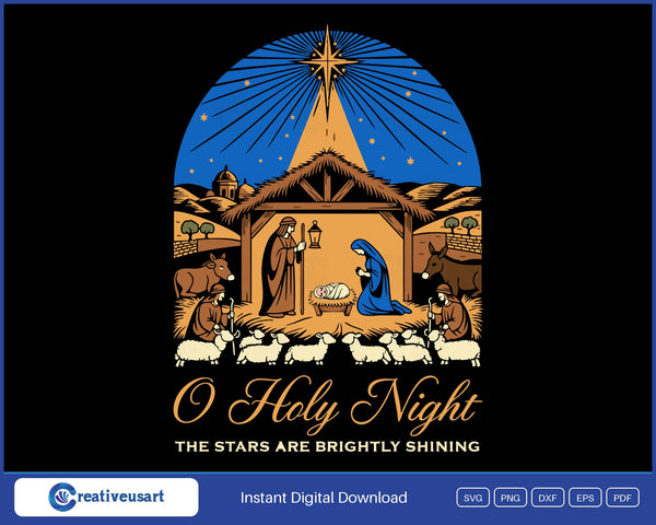O Holy Night woodcut nativity SVG, Mary, Joseph and baby Jesus in a thatched stable under the star of Bethlehem with shepherds and sheep