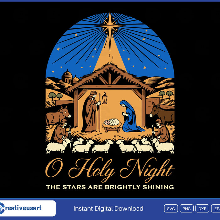 O Holy Night woodcut nativity SVG, Mary, Joseph and baby Jesus in a thatched stable under the star of Bethlehem with shepherds and sheep