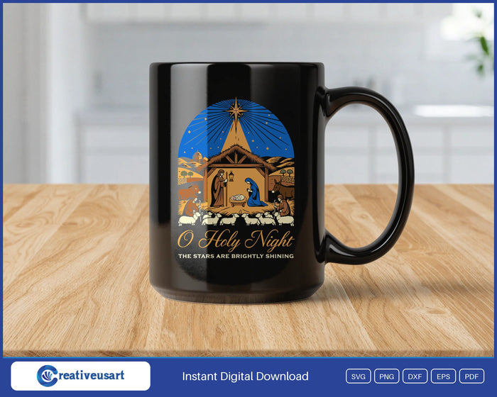 O Holy Night woodcut nativity scene design on a black coffee mug