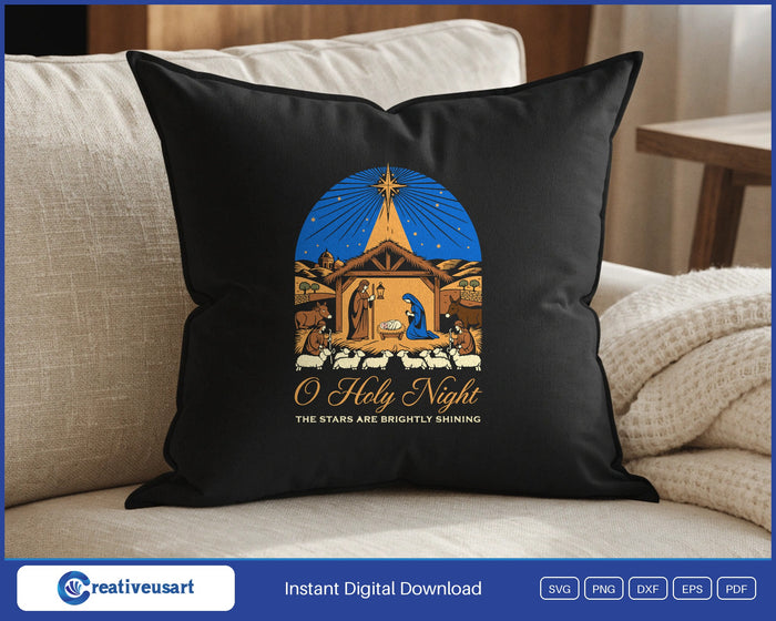 O Holy Night woodcut nativity scene design on a black throw pillow