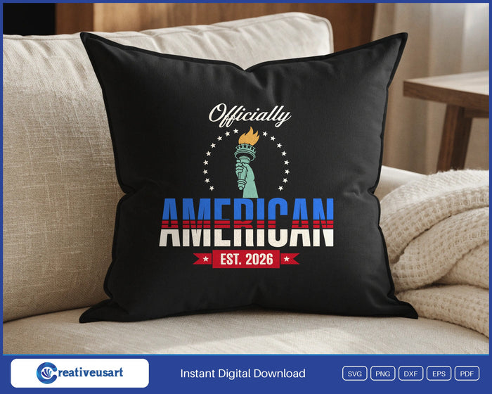 Officially American Est 2026 SVG design on a black throw pillow