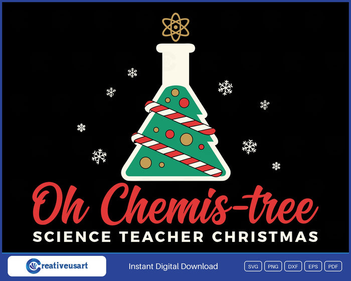 Oh Chemis-tree Science Teacher Christmas SVG, a flask Christmas tree with a candy cane wrap and an atom star