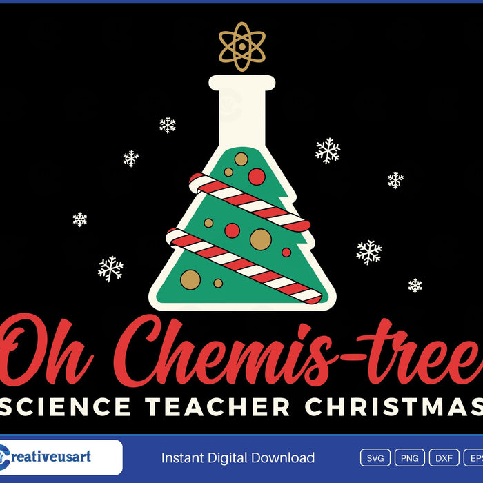 Oh Chemis-tree Science Teacher Christmas SVG, a flask Christmas tree with a candy cane wrap and an atom star