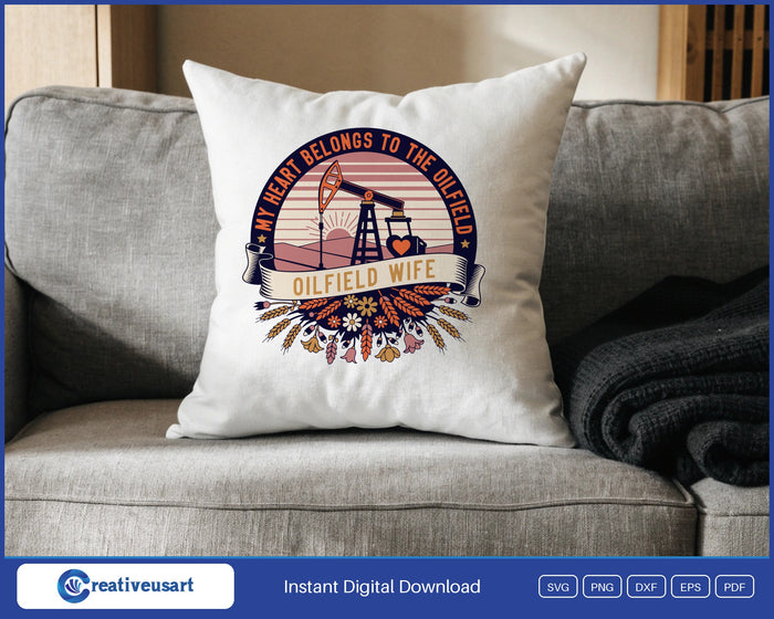 Oilfield Wife pump jack sunrise emblem with wildflowers SVG design on a white throw pillow