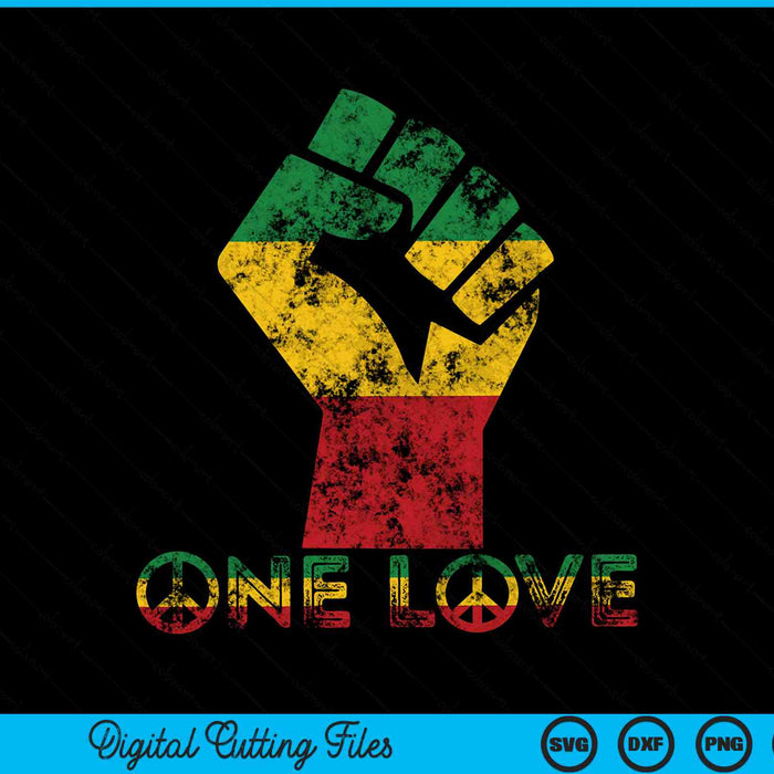 Raised fist in rasta colors above One love, reggae Jamaica SVG
