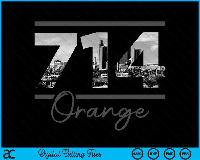 Oranje 714 Netnummer Skyline Californië Vintage SVG PNG digitale snijbestanden