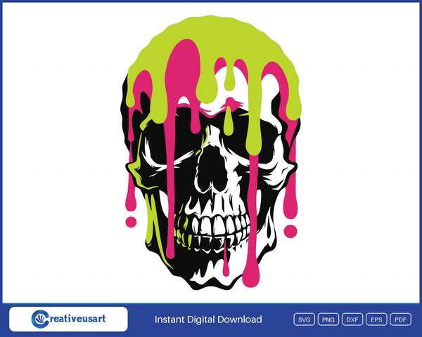 Paint Drip Skull Neon Pink And Green Halloween SVG - Paint drip skull design