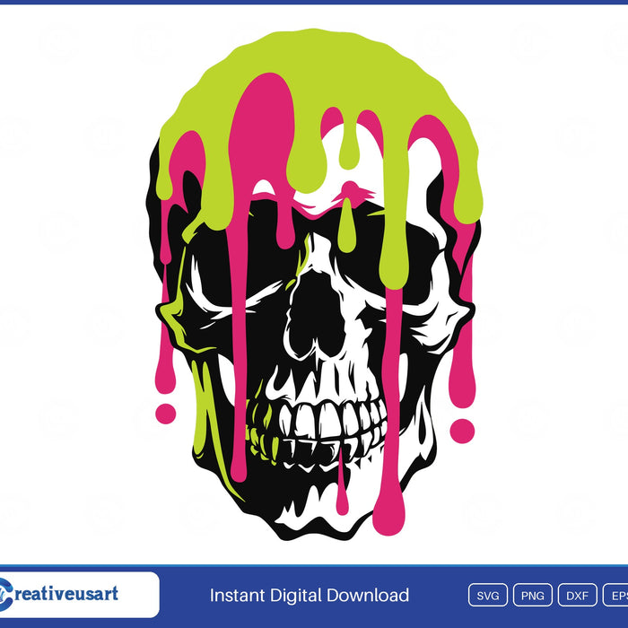 Paint Drip Skull Neon Pink And Green Halloween SVG - Paint drip skull design
