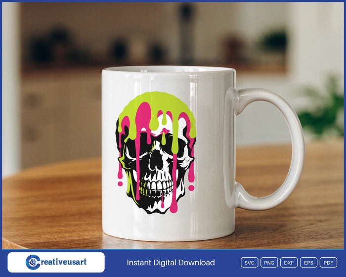 Paint drip skull SVG design on a mug