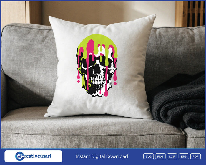 Paint drip skull SVG design on a throw pillow