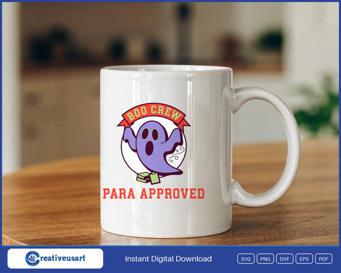 Paraprofessional Halloween with a ghost mid-boo and a spooky swirl trail SVG design on a white coffee mug