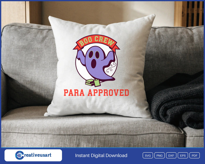 Paraprofessional Halloween with a ghost mid-boo and a spooky swirl trail SVG design on a white throw pillow