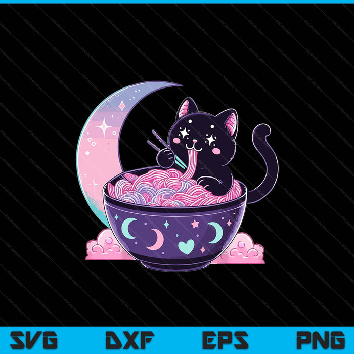 Pastel Goth Aesthetic Kawaii Cat Eating Ramen Noodles SVG PNG Digital Printable Files